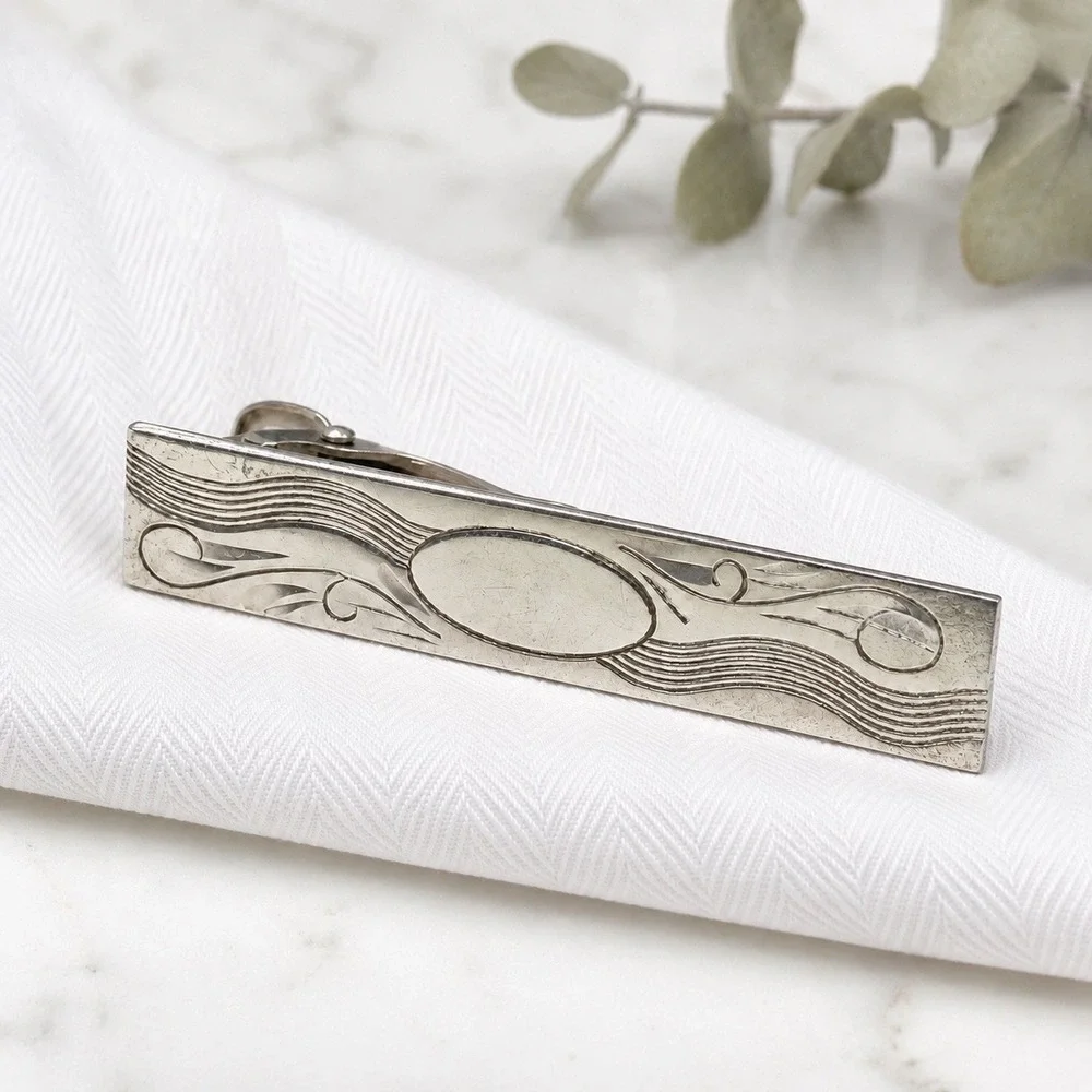 Vintage Anson Sterling Silver Tie Clip Bar Engraved Scroll Wave Design MCM 8.28g